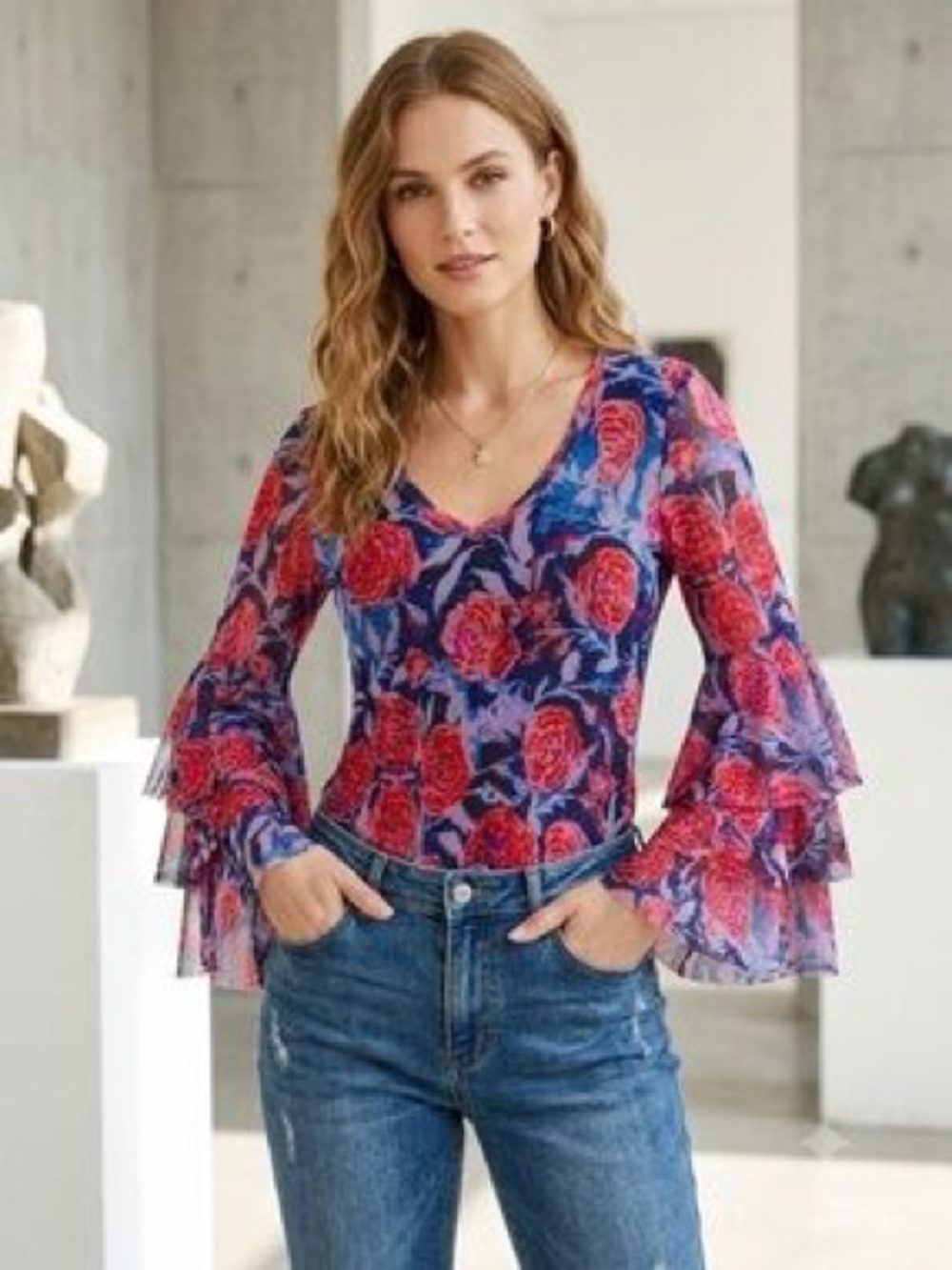 FUZZI Sheer Floral Ruffle Sleeve Top - Pink & Navy Large